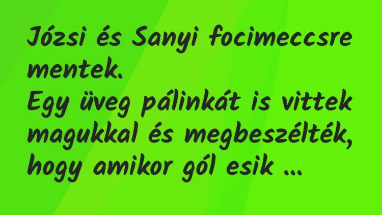 Vicc: Józsi és Sanyi focimeccsre mentek.
Egy üveg pálinkát is vittek magukkal és… Vicc: Józsi és Sanyi focimeccsre mentek.
Egy üveg pálinkát is vittek magukkal és…