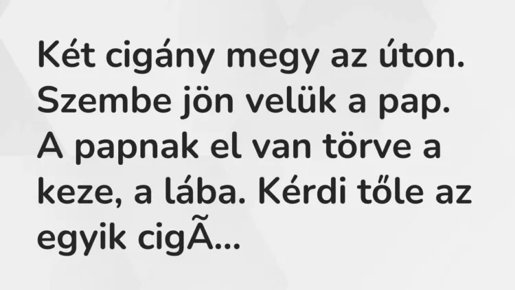 Vicc: Két cigány megy az úton. Szembe jön velük a pap. A papnak el van törve a keze, a… Vicc: Két cigány megy az úton. Szembe jön velük a pap. A papnak el van törve a keze, a…