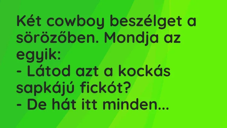 Vicc: Két cowboy beszélget a sörözőben. Mondja az egyik:
– Látod azt a… Vicc: Két cowboy beszélget a sörözőben. Mondja az egyik:
– Látod azt a…