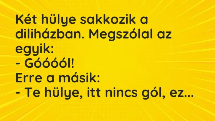 Vicc: Két hülye sakkozik a diliházban. Megszólal az egyik:
– Góóóól!
Erre a… Vicc: Két hülye sakkozik a diliházban. Megszólal az egyik:
– Góóóól!
Erre a…
