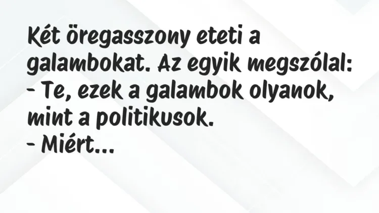 Vicc: Két öregasszony eteti a galambokat. Az egyik megszólal:
– Te,… Vicc: Két öregasszony eteti a galambokat. Az egyik megszólal:
– Te,…