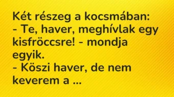 Vicc: Két részeg a kocsmában: – Te, haver, meghívlak egy kisfröccsre! -…