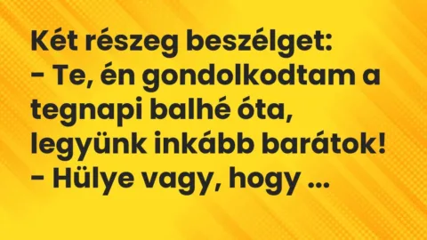 Vicc: Két részeg beszélget:
– Te, én gondolkodtam a tegnapi balhé óta,… Vicc: Két részeg beszélget:
– Te, én gondolkodtam a tegnapi balhé óta,…