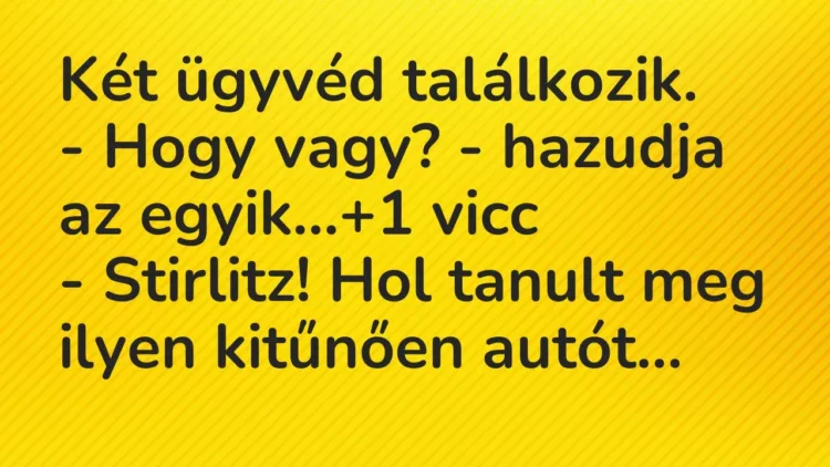 Vicc: Két ügyvéd találkozik.
– Hogy vagy? – hazudja az egyik… Vicc: Két ügyvéd találkozik.
– Hogy vagy? – hazudja az egyik…