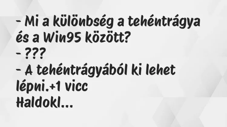 Vicc: – Mi a különbség a tehéntrágya és a Win95 között?
– ???
– A… Vicc: – Mi a különbség a tehéntrágya és a Win95 között?
– ???
– A…