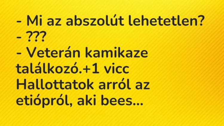 Vicc: – Mi az abszolút lehetetlen?
– ???
– Veterán kamikaze találkozó. Vicc: – Mi az abszolút lehetetlen?
– ???
– Veterán kamikaze találkozó.