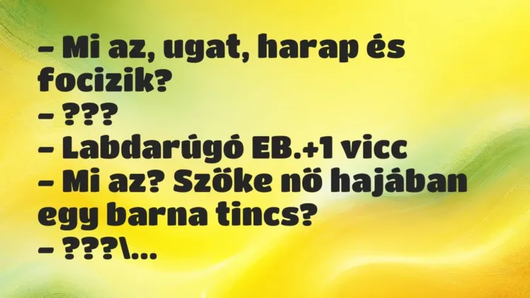 Vicc: – Mi az, ugat, harap és focizik?
– ???
– Labdarúgó EB. Vicc: – Mi az, ugat, harap és focizik?
– ???
– Labdarúgó EB.