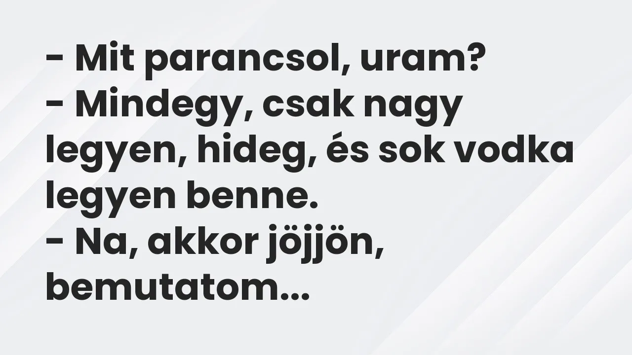 Vicc: – Mit parancsol, uram?

– Mindegy, csak nagy legyen, hideg, és sok vodka…