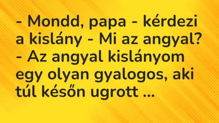 Vicc: – Mondd, papa – kérdezi a kislány – Mi az angyal?
– Az angyal kislányom egy… Vicc: – Mondd, papa – kérdezi a kislány – Mi az angyal?
– Az angyal kislányom egy…