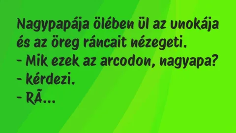 Vicc: Nagypapája ölében ül az unokája és az öreg ráncait nézegeti.

-…