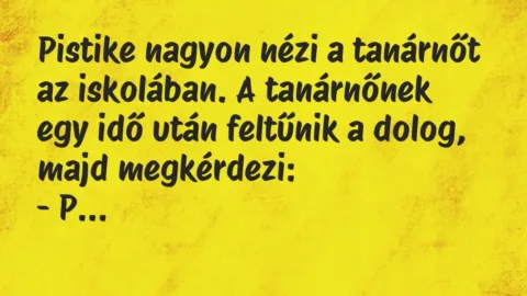 Vicc: Pistike nagyon nézi a tanárnőt az iskolában. A tanárnőnek egy idő után feltűnik…