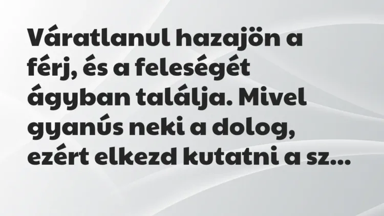 Vicc: Váratlanul hazajön a férj, és a feleségét ágyban találja. Mivel gyanús neki a… Vicc: Váratlanul hazajön a férj, és a feleségét ágyban találja. Mivel gyanús neki a…