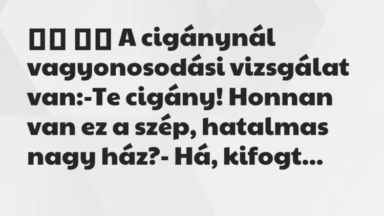 Viccek:
A cigánynál vagyonosodási vizsgálat van:-Te cigány!… Viccek:
A cigánynál vagyonosodási vizsgálat van:-Te cigány!…