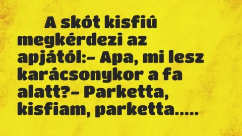 Viccek: 
		  
		  A skót kisfiú megkérdezi az apjától:- Apa, mi…