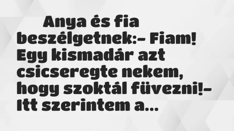 Viccek:
Anya és fia beszélgetnek:- Fiam! Egy kismadár azt… Viccek:
Anya és fia beszélgetnek:- Fiam! Egy kismadár azt…