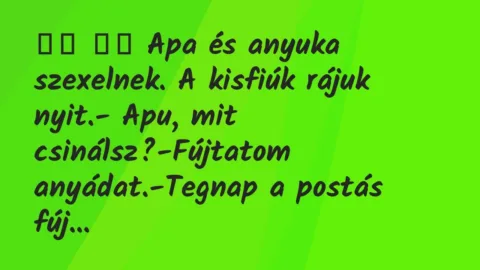 Viccek: 
		  
		  Apa és anyuka szexelnek. A kisfiúk rájuk nyit.- Apu,…