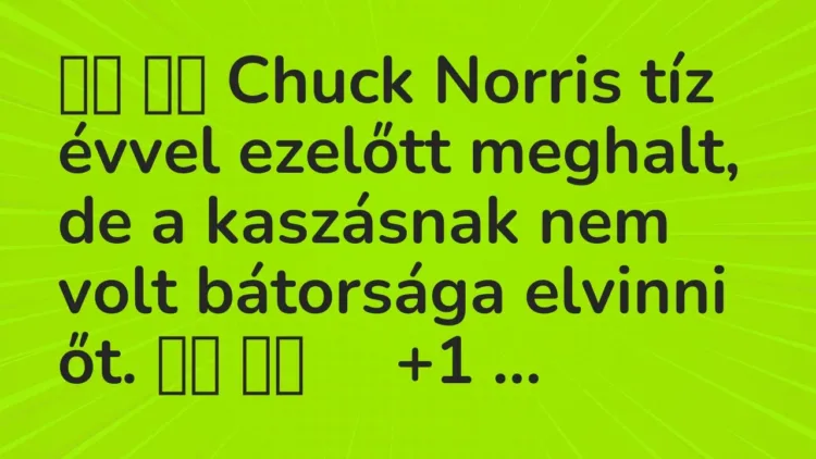 Viccek:
Chuck Norris tíz évvel ezelőtt meghalt, de a kaszásnak nem … Viccek:
Chuck Norris tíz évvel ezelőtt meghalt, de a kaszásnak nem …