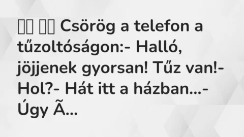Viccek:
Csörög a telefon a tűzoltóságon:- Halló, jöjjenek… Viccek:
Csörög a telefon a tűzoltóságon:- Halló, jöjjenek…
