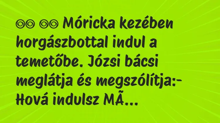 Viccek:
Móricka kezében horgászbottal indul a temetőbe. Józsi bácsi… Viccek:
Móricka kezében horgászbottal indul a temetőbe. Józsi bácsi…
