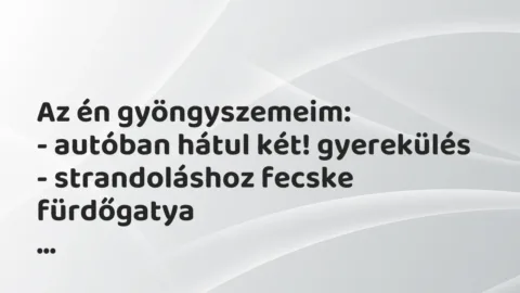 Vicces történet: 
	    	    


Az én gyöngyszemeim:


– autóban hátul két!…