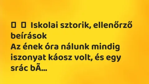Vicces történet: 
	    	    Iskolai sztorik, ellenőrző beírások


Az ének óra nálunk mindig…