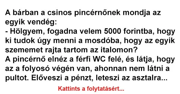 Vicc: A bárban a csinos pincérnőnek mondja az egyik vendég Vicc: A bárban a csinos pincérnőnek mondja az egyik vendég