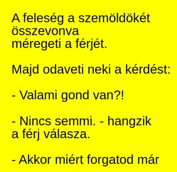 Vicc: A feleség a szemöldökét összevonva, gyanúsan méregeti a férjét.... Vicc: A feleség a szemöldökét összevonva, gyanúsan méregeti a férjét….