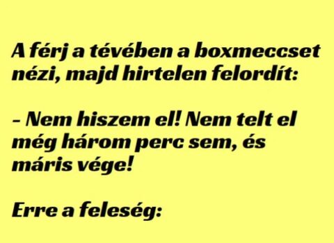Vicc: A férj a tévében a boxmeccset nézi, majd hirtelen Vicc: A férj a tévében a boxmeccset nézi, majd hirtelen felordít: -…