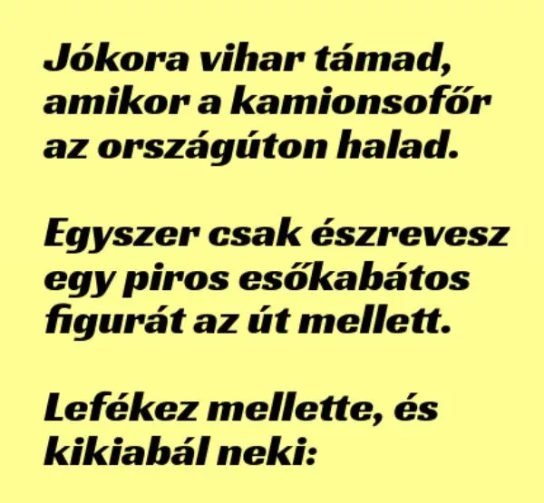 Vicc: A kamionos nagy viharban vezet. Egyszer csak észrevesz egy Vicc: A kamionos nagy viharban vezet. Egyszer csak észrevesz egy piros…