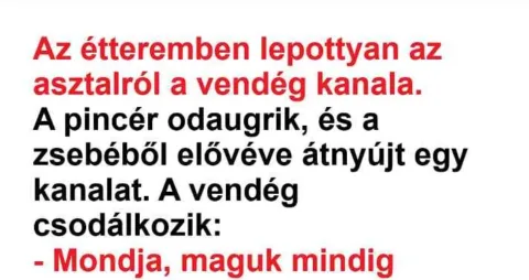 Vicc: Az étteremben lepottyan az asztalról a vendég kanala.