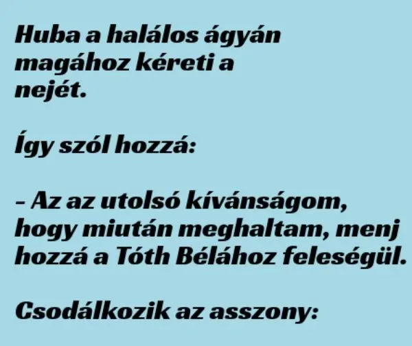 Vicc: Huba a halálos ágyán magához kéreti a nejét - Vicc: Huba a halálos ágyán magához kéreti a nejét –