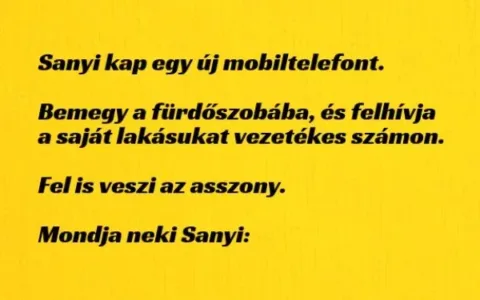 Vicc: Sanyi kap egy új mobiltelefont. Bemegy a fürdőszobába, és... Vicc: Sanyi kap egy új mobiltelefont. Bemegy a fürdőszobába, és…