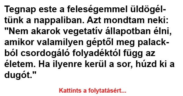 Vicc: Tegnap este a feleségemmel üldögéltünk a nappaliban Vicc: Tegnap este a feleségemmel üldögéltünk a nappaliban