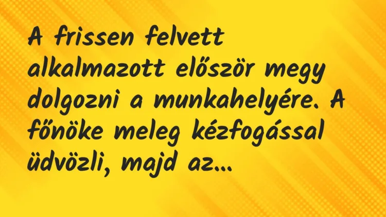 Vicc: A frissen felvett alkalmazott először megy dolgozni a munkahelyére. A… Vicc: A frissen felvett alkalmazott először megy dolgozni a munkahelyére. A…