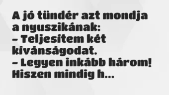 Vicc: A jó tündér azt mondja a nyuszikának: – Teljesítem két…