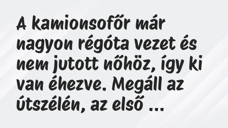Vicc: A kamionsofőr már nagyon régóta vezet és nem jutott nőhöz, így ki van… Vicc: A kamionsofőr már nagyon régóta vezet és nem jutott nőhöz, így ki van…