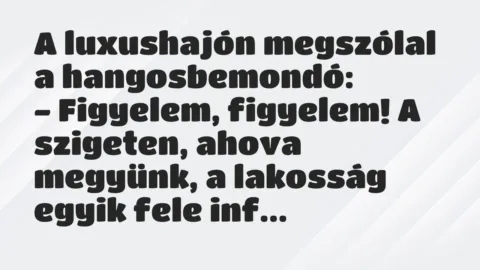 Vicc: A luxushajón megszólal a hangosbemondó:
– Figyelem, figyelem! A… Vicc: A luxushajón megszólal a hangosbemondó:
– Figyelem, figyelem! A…