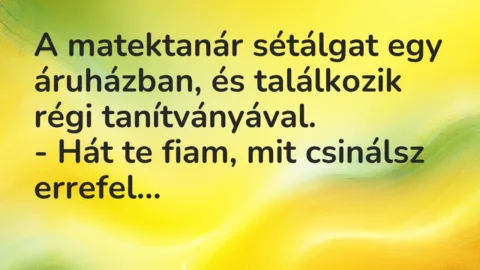Vicc: A matektanár sétálgat egy áruházban, és találkozik régi…