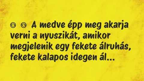 Vicc: 
	    	    A medve épp meg akarja verni a nyuszikát, amikor megjelenik…