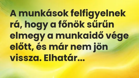 Vicc: A munkások felfigyelnek rá, hogy a főnök sűrűn elmegy a munkaidő vége… Vicc: A munkások felfigyelnek rá, hogy a főnök sűrűn elmegy a munkaidő vége…