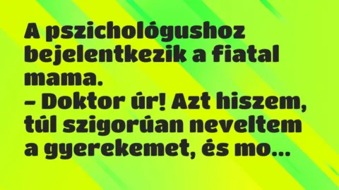 Vicc: A pszichológushoz bejelentkezik a fiatal mama.
– Doktor úr! Azt… Vicc: A pszichológushoz bejelentkezik a fiatal mama.
– Doktor úr! Azt…