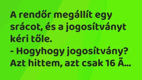 Vicc: A rendőr megállít egy srácot, és a jogosítványt kéri tőle.
-… Vicc: A rendőr megállít egy srácot, és a jogosítványt kéri tőle.
-…