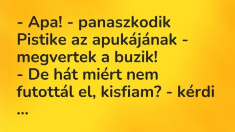 Vicc: – Apa! – panaszkodik Pistike az apukájának – megvertek a buzik!
-… Vicc: – Apa! – panaszkodik Pistike az apukájának – megvertek a buzik!
-…