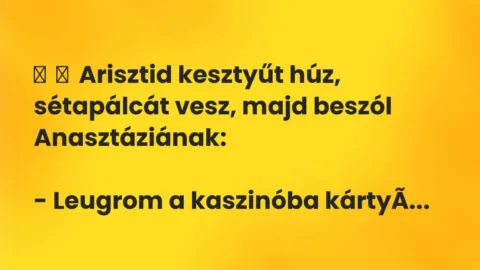 Vicc:
Arisztid kesztyűt húz, sétapálcát vesz, majd beszól… Vicc:
Arisztid kesztyűt húz, sétapálcát vesz, majd beszól…