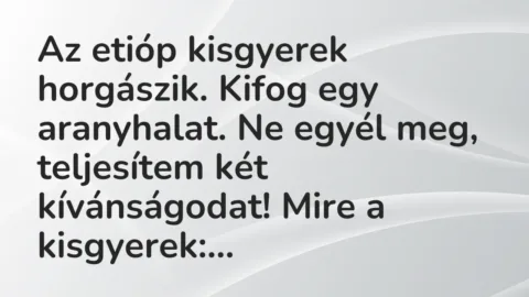 Vicc: Az etióp kisgyerek horgászik. Kifog egy aranyhalat. Ne egyél meg,… Vicc: Az etióp kisgyerek horgászik. Kifog egy aranyhalat. Ne egyél meg,…