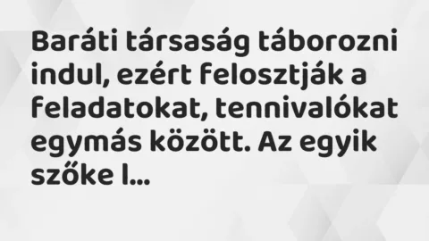 Vicc: Baráti társaság táborozni indul, ezért felosztják a feladatokat,…