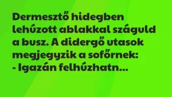 Vicc: Dermesztő hidegben lehúzott ablakkal száguld a busz. A didergő utasok… Vicc: Dermesztő hidegben lehúzott ablakkal száguld a busz. A didergő utasok…