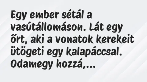 Vicc: Egy ember sétál a vasútállomáson. Lát egy őrt, aki a vonatok kerekeit… Vicc: Egy ember sétál a vasútállomáson. Lát egy őrt, aki a vonatok kerekeit…