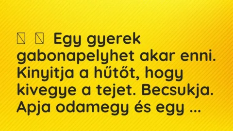 Vicc: 
	    	    Egy gyerek gabonapelyhet akar enni. Kinyitja a hűtőt, hogy …