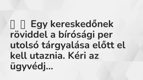 Vicc:
Egy kereskedőnek röviddel a bírósági per utolsó tárgyalása … Vicc:
Egy kereskedőnek röviddel a bírósági per utolsó tárgyalása …